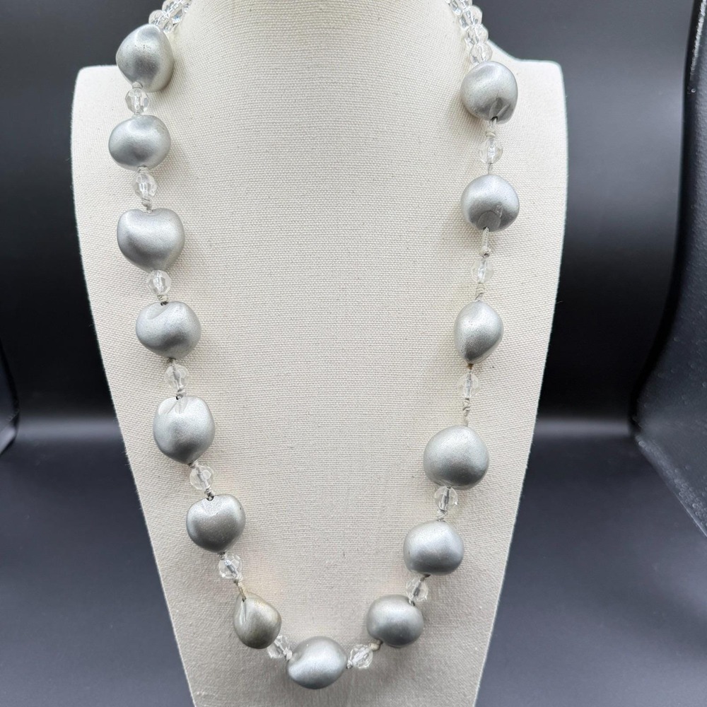 Silver Tone Puffy Heart Clear Crystal Beaded Long Statement Necklace Coquette
